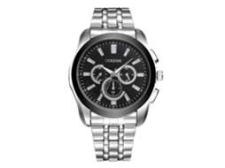 Relógio de pulso masculino casual e elegante com pulseira de aço inoxidável e mostrador analógico.