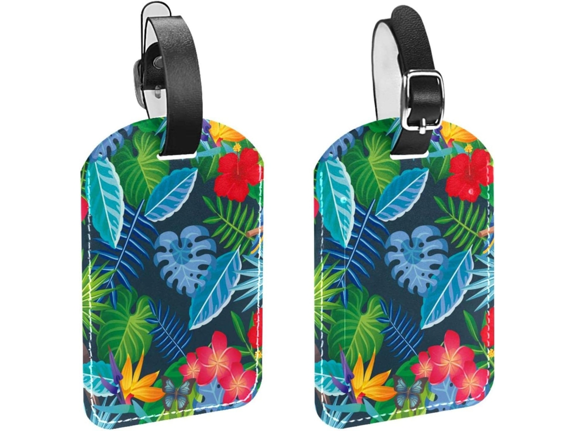 Conjunto De 2 Etiquetas Bagagem Em Couro Sintético Com Estampa Palmeira Tropical, Vermelhas