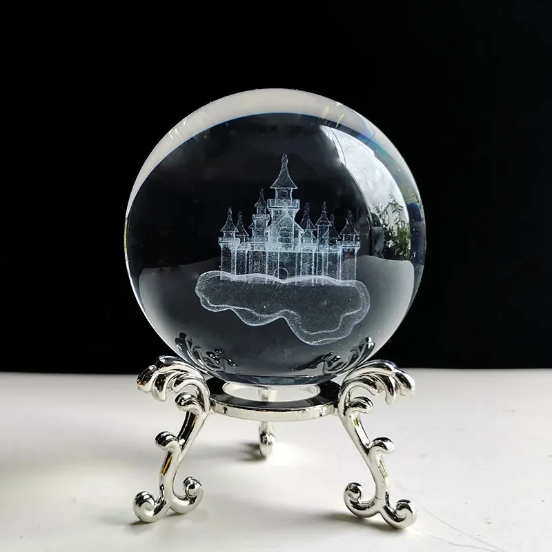 Globo Decorativo de Cristal em Formato de Castelo , com Gravação a Laser 3d. MDUG (base Prateada de 60 Mm)