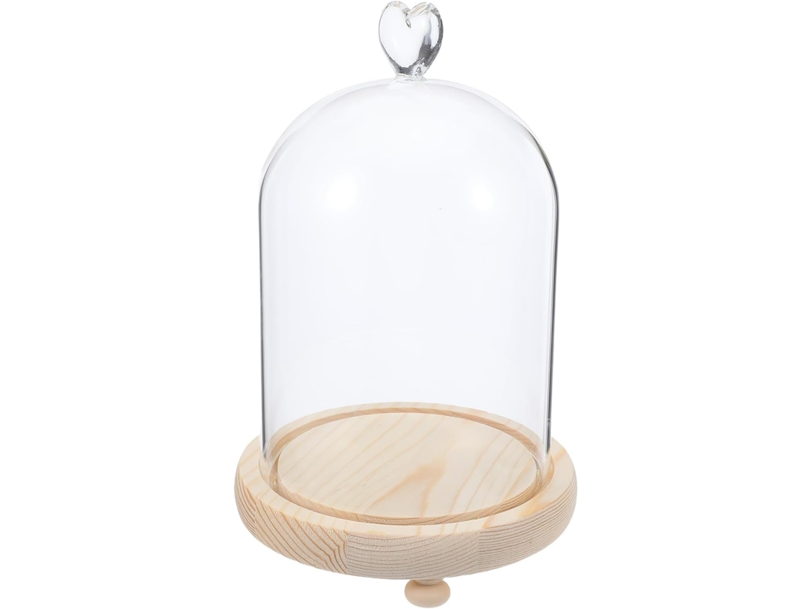 Elegante Redoma Vidro Formato Coração Madeira Reforçada Acabamento Ideal Estatuetas Flores Base Liso GOKOCO