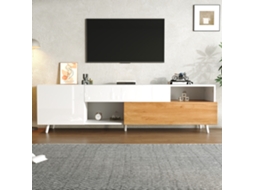 Móvel para TV KOMHTOM branco e madeira, 180x38x50 cm, múltiplos compartimentos, 1 gaveta, suporta TV 75 polegadas