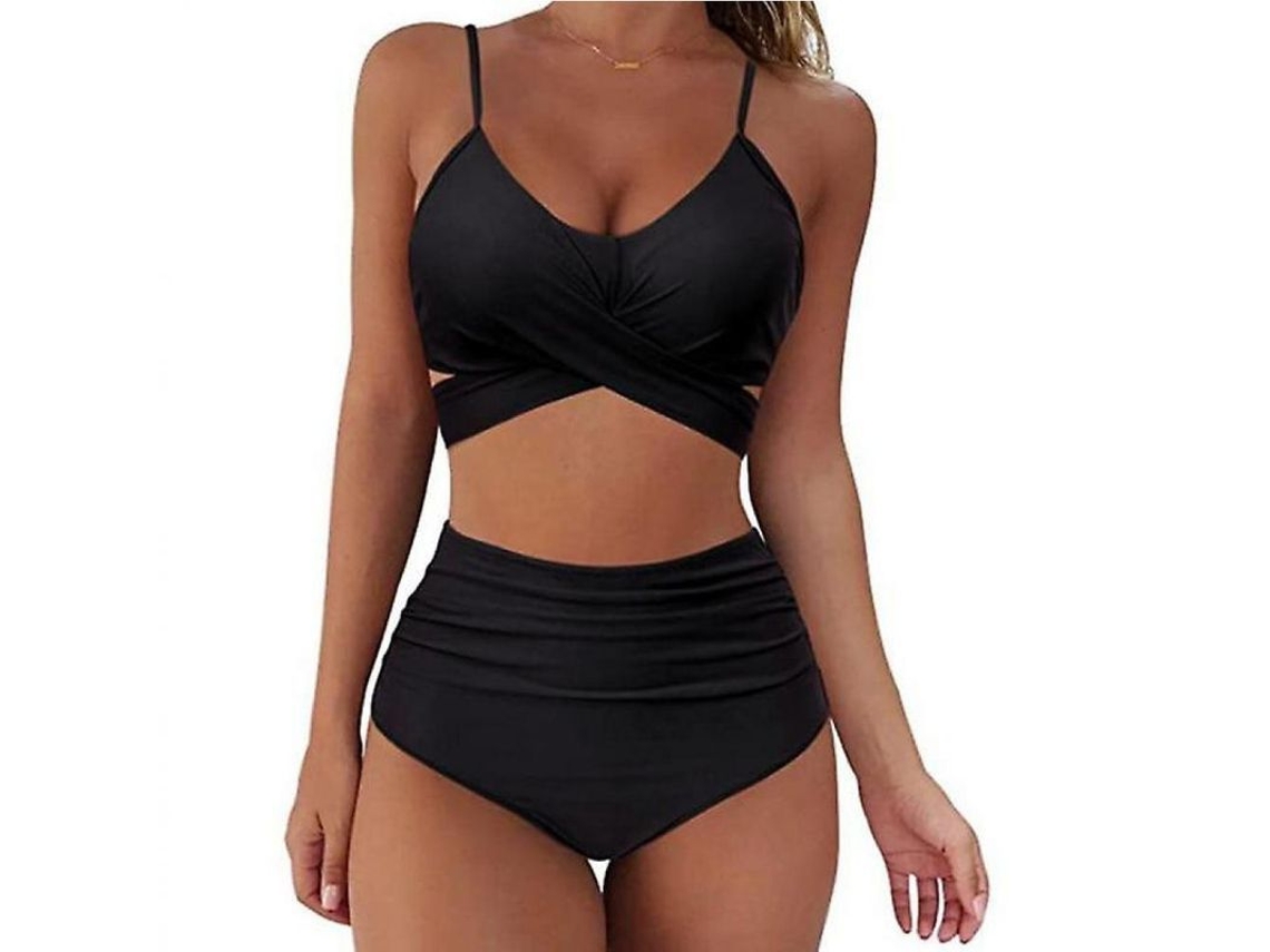 Traje De Banho De Duas Peças Leopardo De Cintura Alta Para Mulher Bvf L Negro