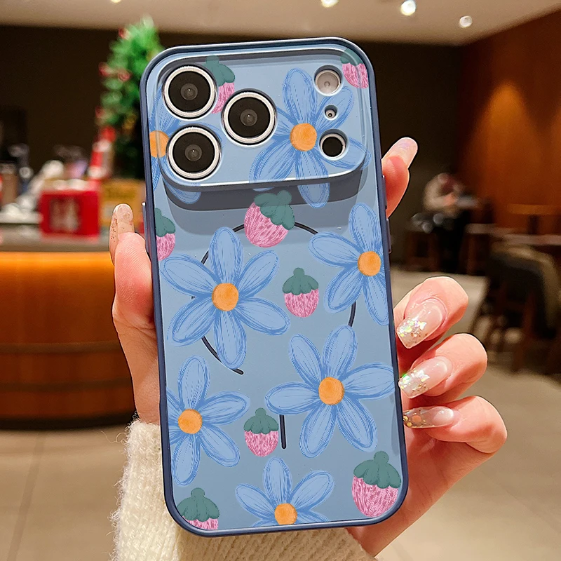 Capa Rígida De Policarbonato Para Iphone 15 Pro Max Com Estampa Floral Romântica E Sistema Magnético (azul).