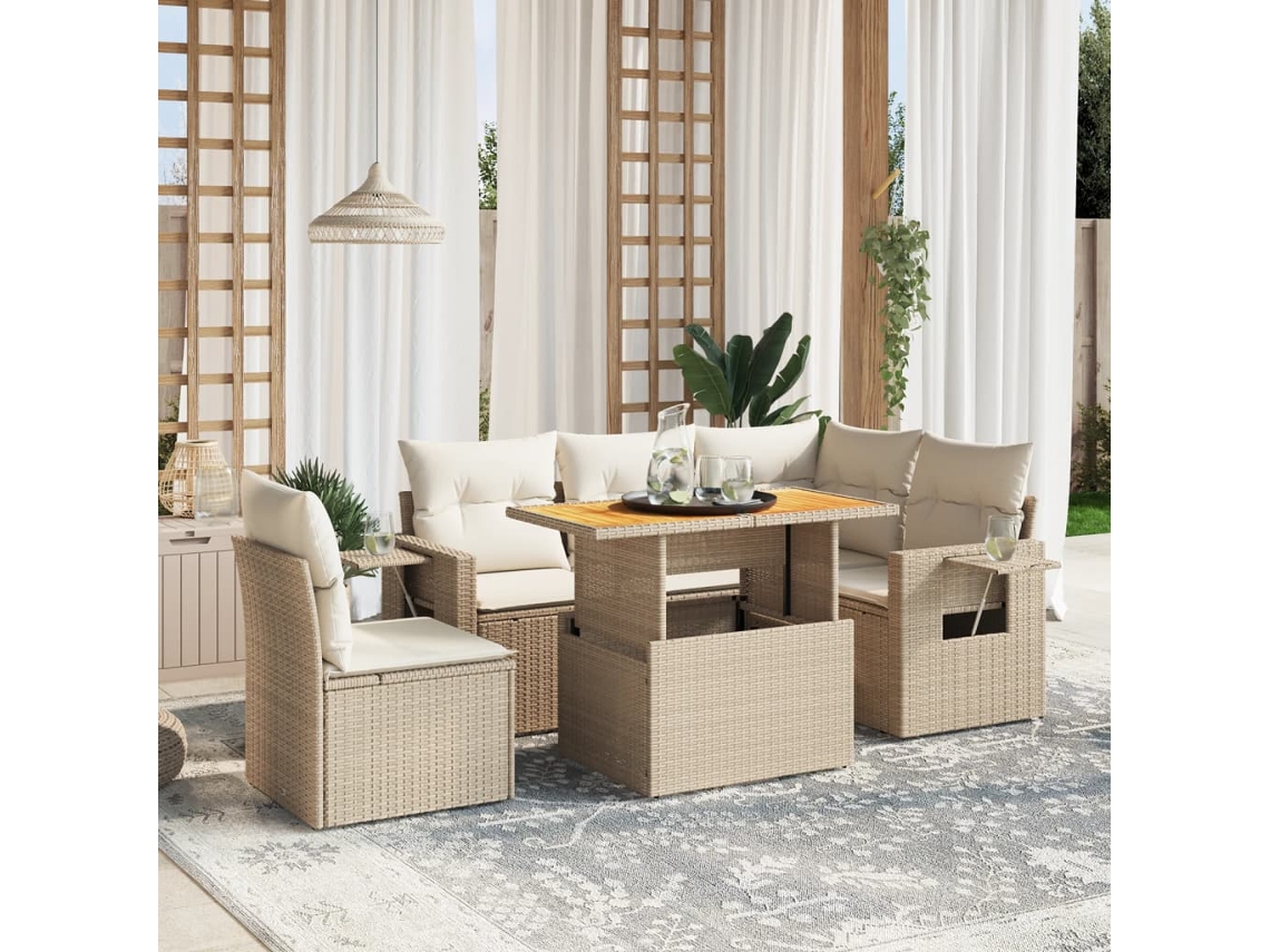 Vidaxl 6 Pcs Conjunto De Sofás P/ Jardim Com Almofadões Vime Pe Bege