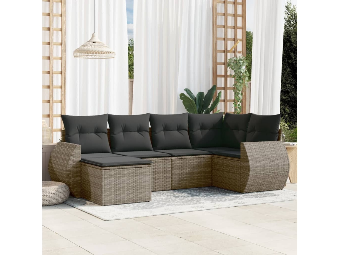 Vidaxl 6 Pcs Conjunto Sofás De Jardim Com Almofadões Vime Cinzento