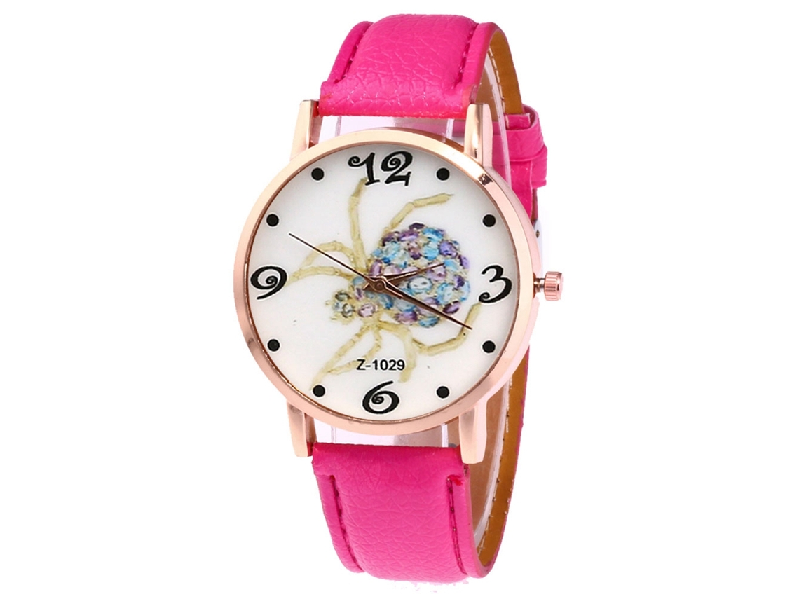 Relógio de quartzo unissex com pulseira de couro PU e mostrador em formato de aranha (rosa e vermelho)