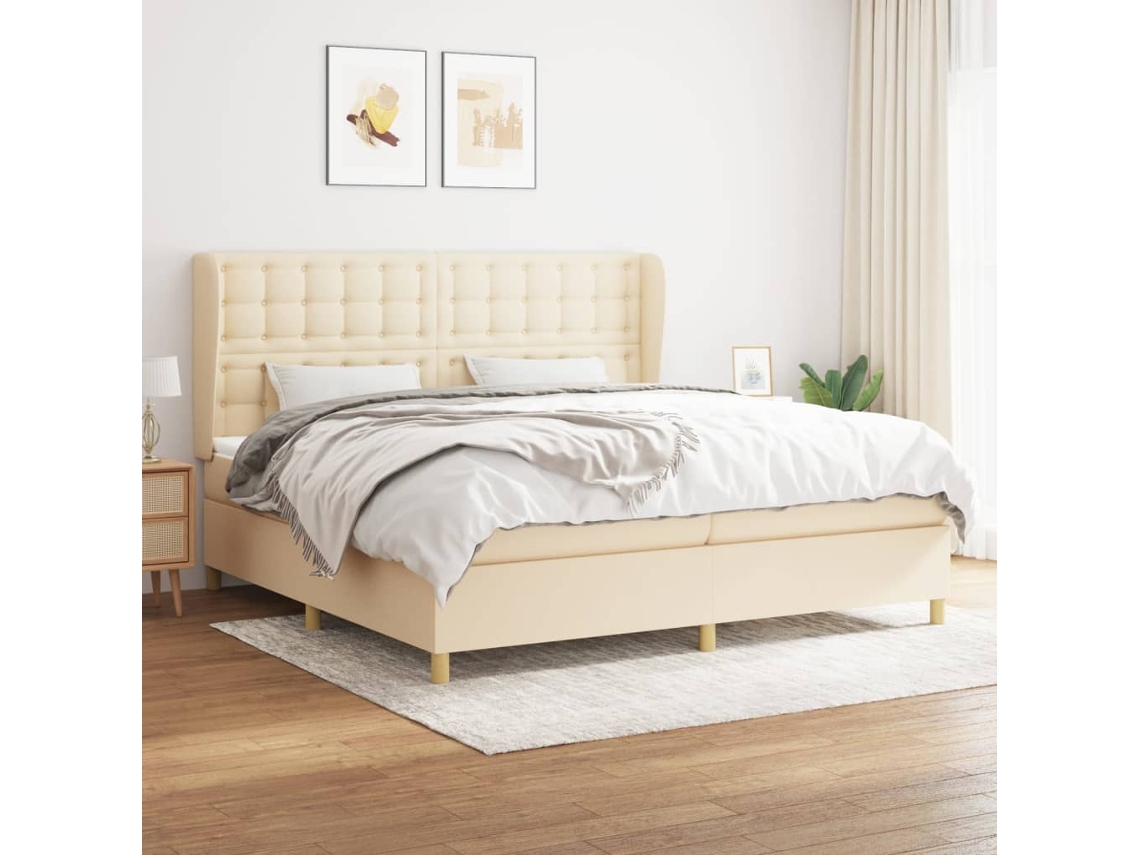 Cama Com Molas/colchão 200x200 Cm Tecido Cor Creme