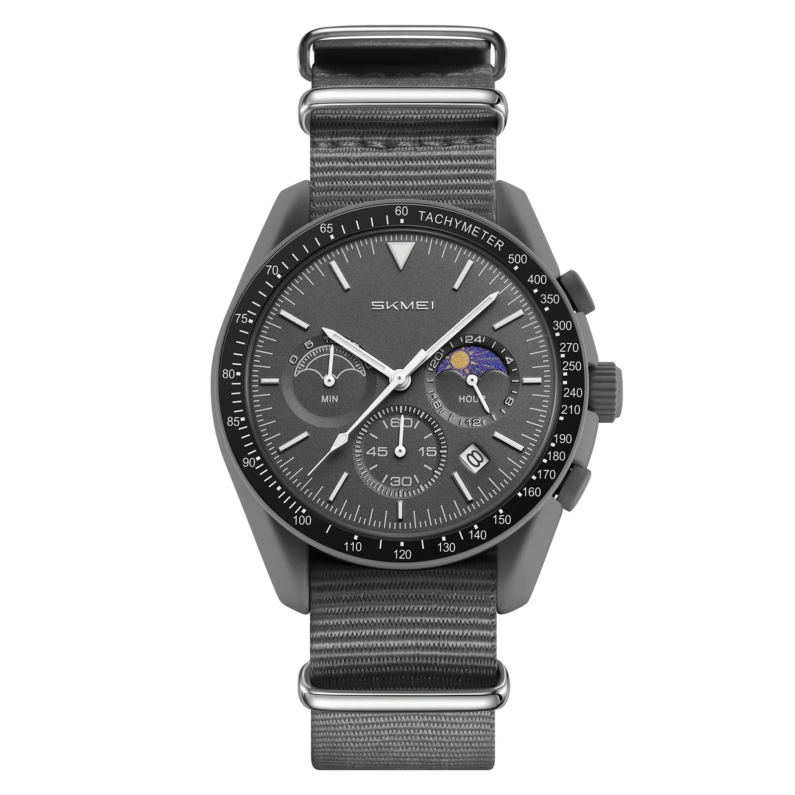 Relógio De Pulso Redondo (cinza), Com Pulseira De Nylon, Cronógrafo Com Fase Da Lua, Taquímetro E Design Leve