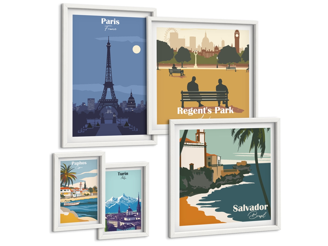 Conjunto De Pinturas Cidades Europeias Ícones Retro Espelharte (5 Peças)