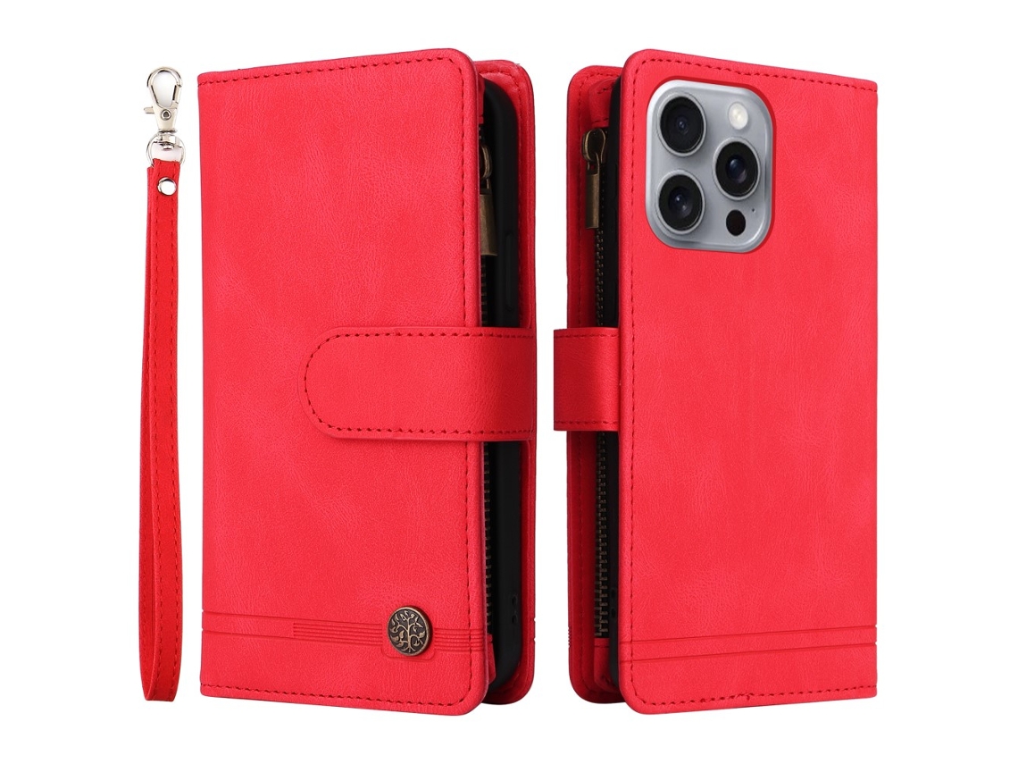 Capa Em Couro Pu Com Pega Para Iphone 16 Pro Max - Vermelho