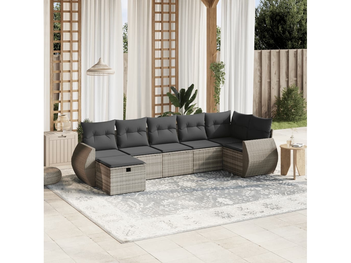 Vidaxl 7 Pcs Conj. Sofás Jardim Com Almofadões Vime Pe Cinzento-claro