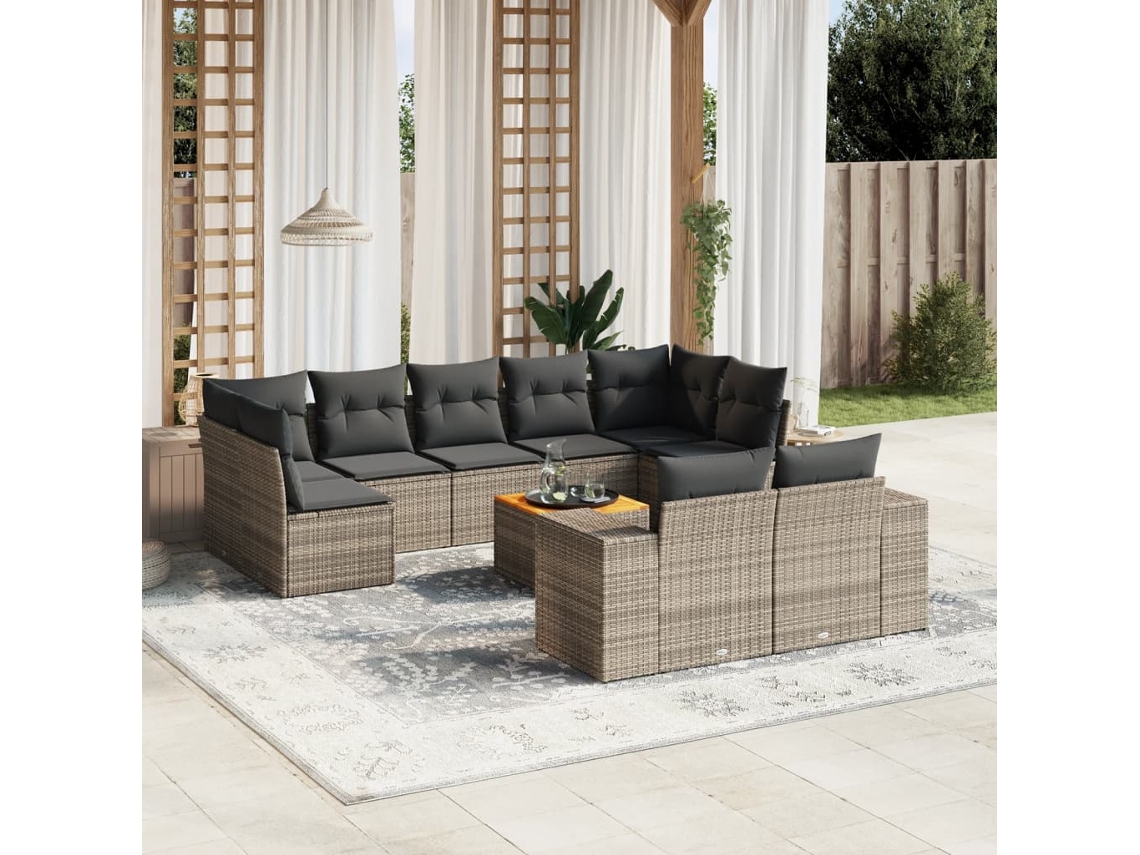 Vidaxl 10 Pcs Conjunto Sofás De Jardim C/ Almofadões Vime Pe Cinzento
