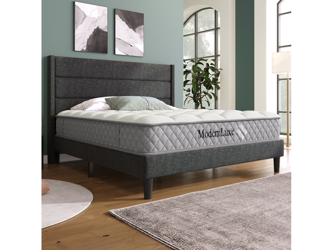 Cama Estofada 140x200cm Linho Cinza Escuro com Ripas | S/MARCA