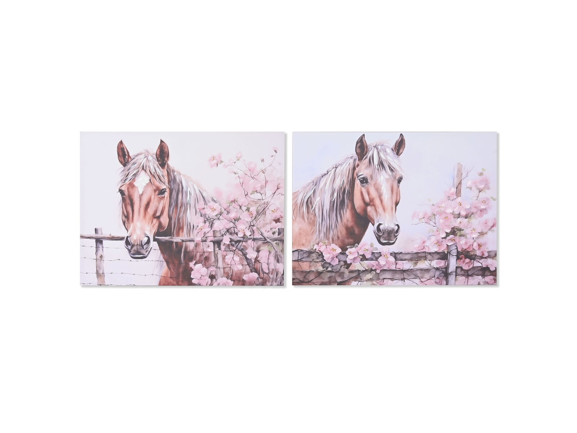 Pintura HOME ESPRIT Bege Cor de Rosa Tela Madeira MDF Cavalo Shabby Chic 80 x 2,5 x 60 cm (2 Unidades)
