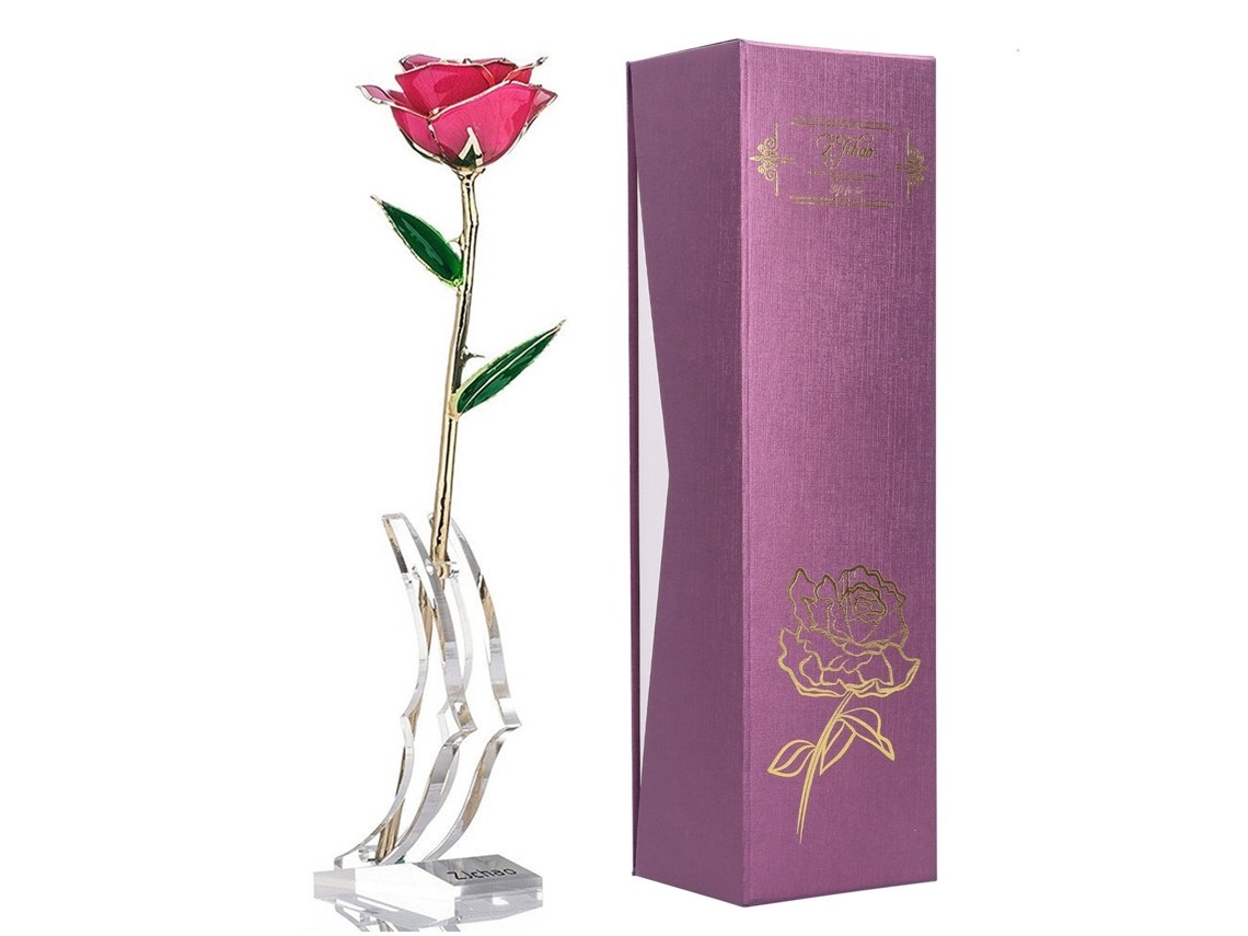 Rosa Dorada Bañada En Oro 24k Con Hoja Verde Rosa Y Base Para Regalo De San Valentín Decoración