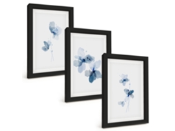 Composição De Quadros Na Paredeflores Azuis Moldura Preta Quadros Para A Sala De Estar Espelharte (3 Peças 20x30 Cm)