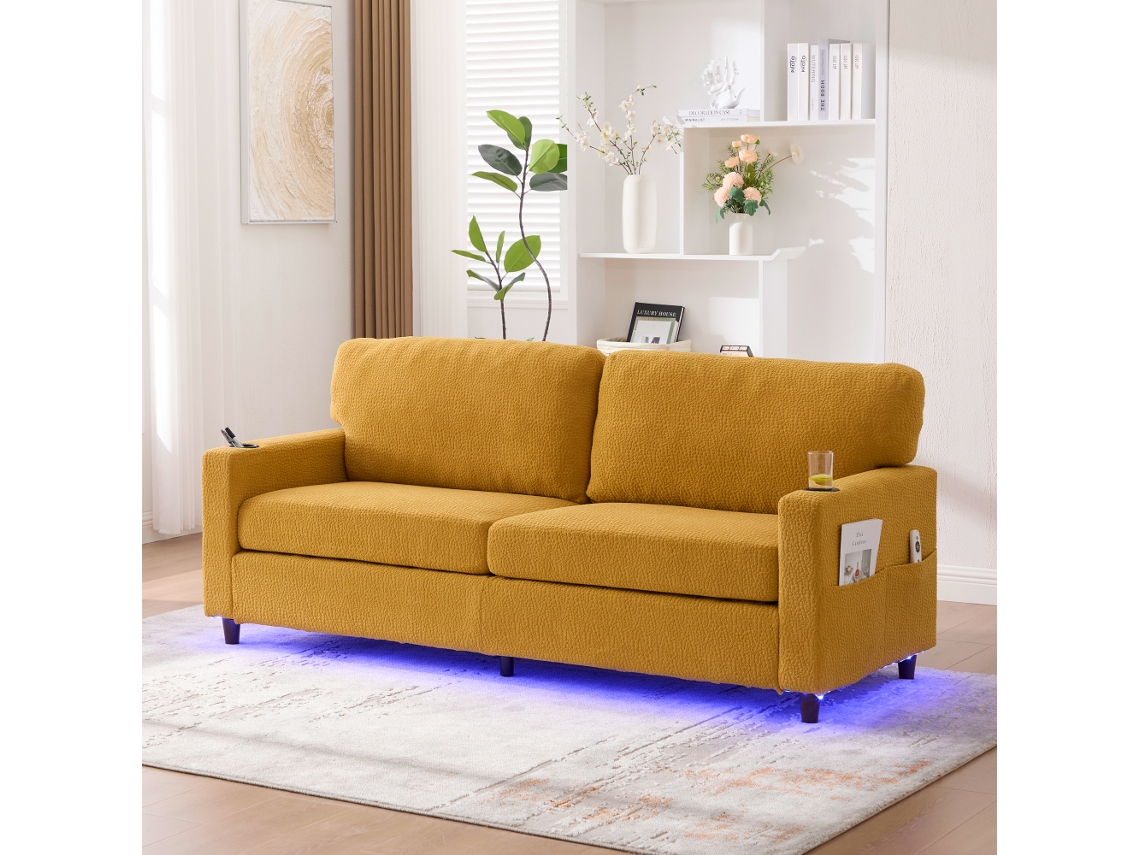 Sofá Moderno De 2 Lugares, Em Chenille, Com Usb-c, Led, Porta Copos, Amarelo Mostarda.