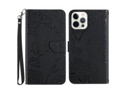 Capa Em Couro Pu Padrão De Flor E Borboleta Para Iphone 16 Pro Max - Preto