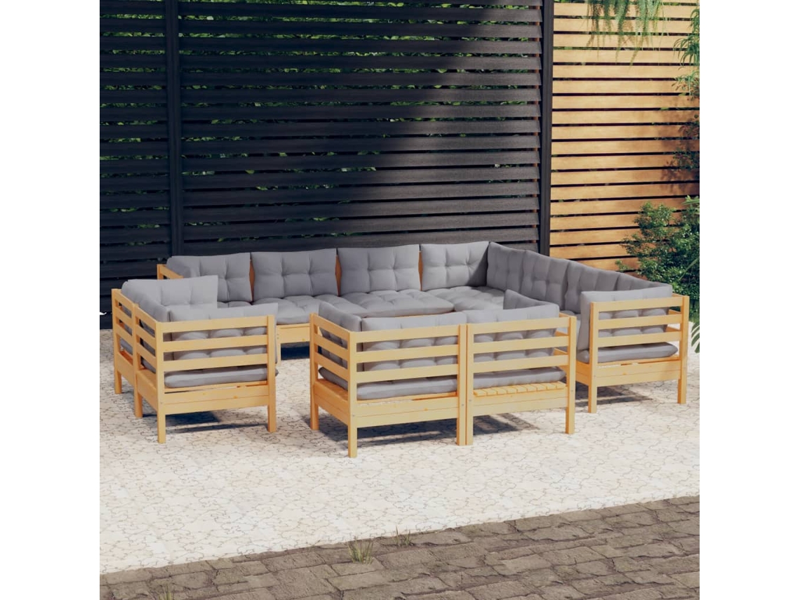 Conjunto 11pcs Lounge De Jardim Almofadões Cinza Pinho Maciço Dkd Home Decor