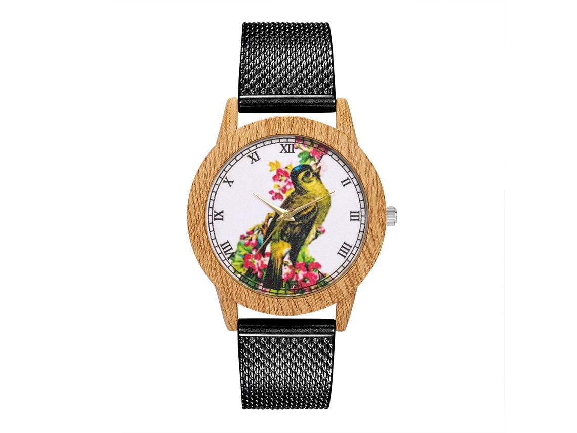 Relógio de quartzo unissex para casais com pulseira de malha de aço com padrão vintage preto.