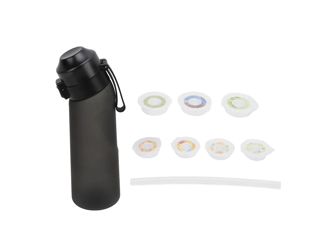 Botella de Agua Aire Con 7 Cápsulas de Sabores de Frutas 650ml para Deportes Al Aire Libre Fitness Camping Color Negro Mate