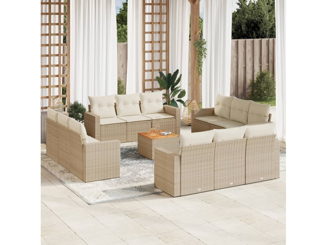 Vidaxl 13 Pcs Conjunto De Sofás P/ Jardim Com Almofadões Vime Pe Bege
