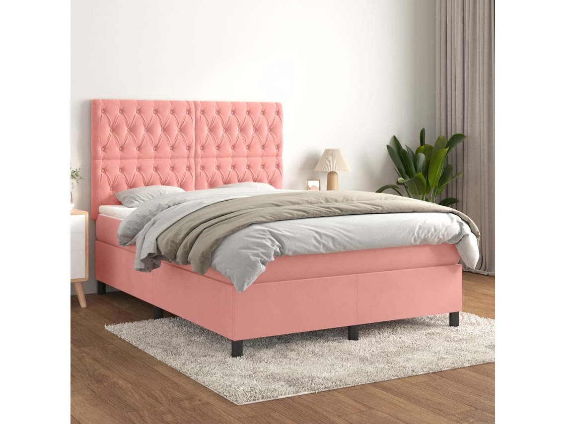 Vidaxl Cama Com Molas/colchão 140x200 Cm Veludo Rosa
