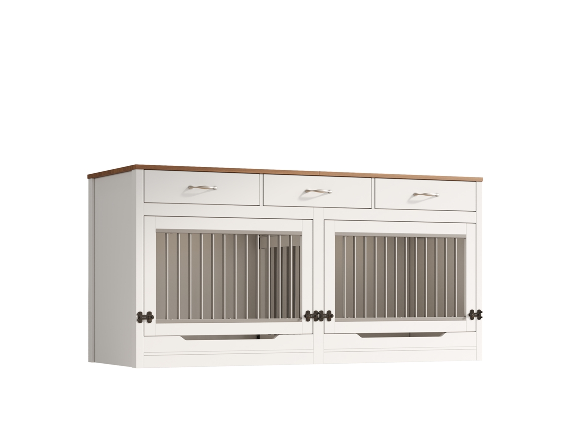 Gaiola De Cachorro Em Madeira E Metal Para 2 Cães,com Fechadura,porta Rebatível,divisória Removível,3 Gavetas,branco E Madeira,grande 164×60×81 Cm