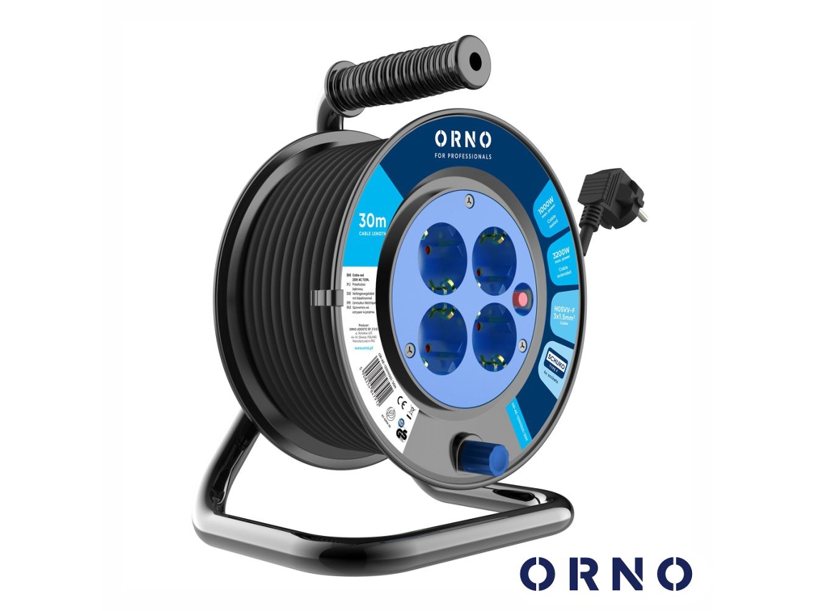 Extensão elétrica C/ Enrolador 4x Schuko 30m H05vv-f Orno
