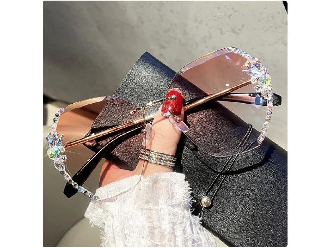2026 óculos de Sol Vintage de Luxo Sem Moldura com Pedras Strass para Mulher Design Fashion Lentes Gradient 2023