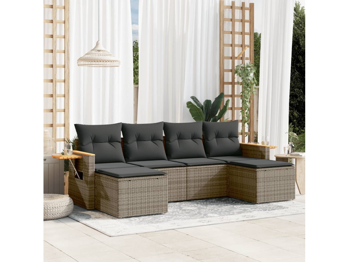 Vidaxl 6 Pcs Conjunto Sofás De Jardim Com Almofadões Vime Cinzento