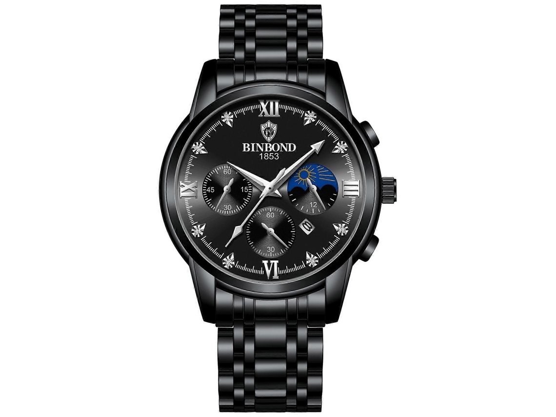 Relógio Masculino Binbond B3591, à prova d'água até 30 m, calendário luminoso, aço preto, preto Hengrongshen