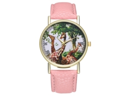 Relógio analógico de quartzo com estampa de girafa para homens e mulheres, pulseira de couro PU, rosa casual.