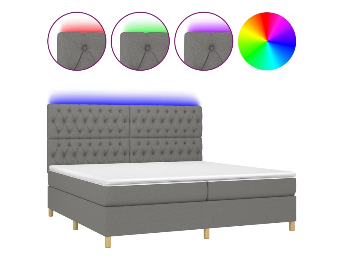 Cama Box Spring com Colchão e Led Tecido Cinza Escuro MAISON EXCLUSIVE (200x200 cm)