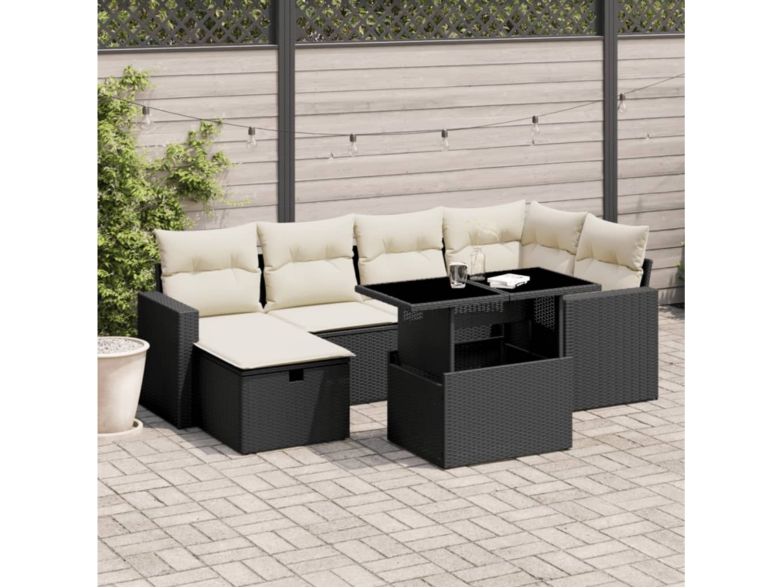 Vidaxl 7 Pcs Conjunto De Sofás P/ Jardim C/ Almofadões Vime Pe Preto