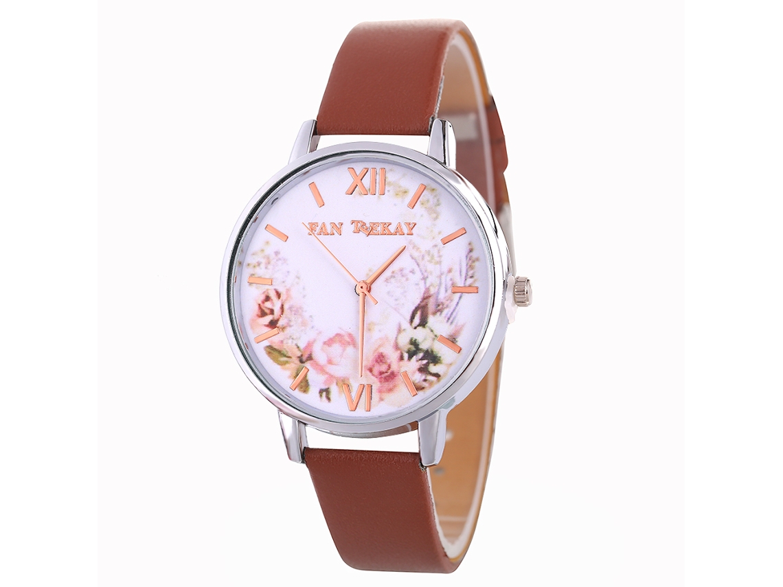 Relógio de Pulso Feminino de Quartzo com Pulseira de Couro Pu Estilo Simples com Mostrador Redondo Café