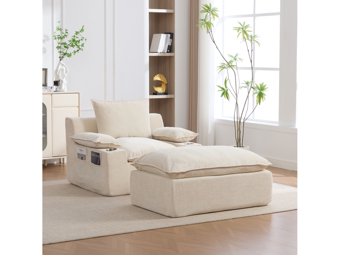 Chaise Longue, Em Chenille, Com Almofadas E Porta-copos, Para Sala De Estar, Bege