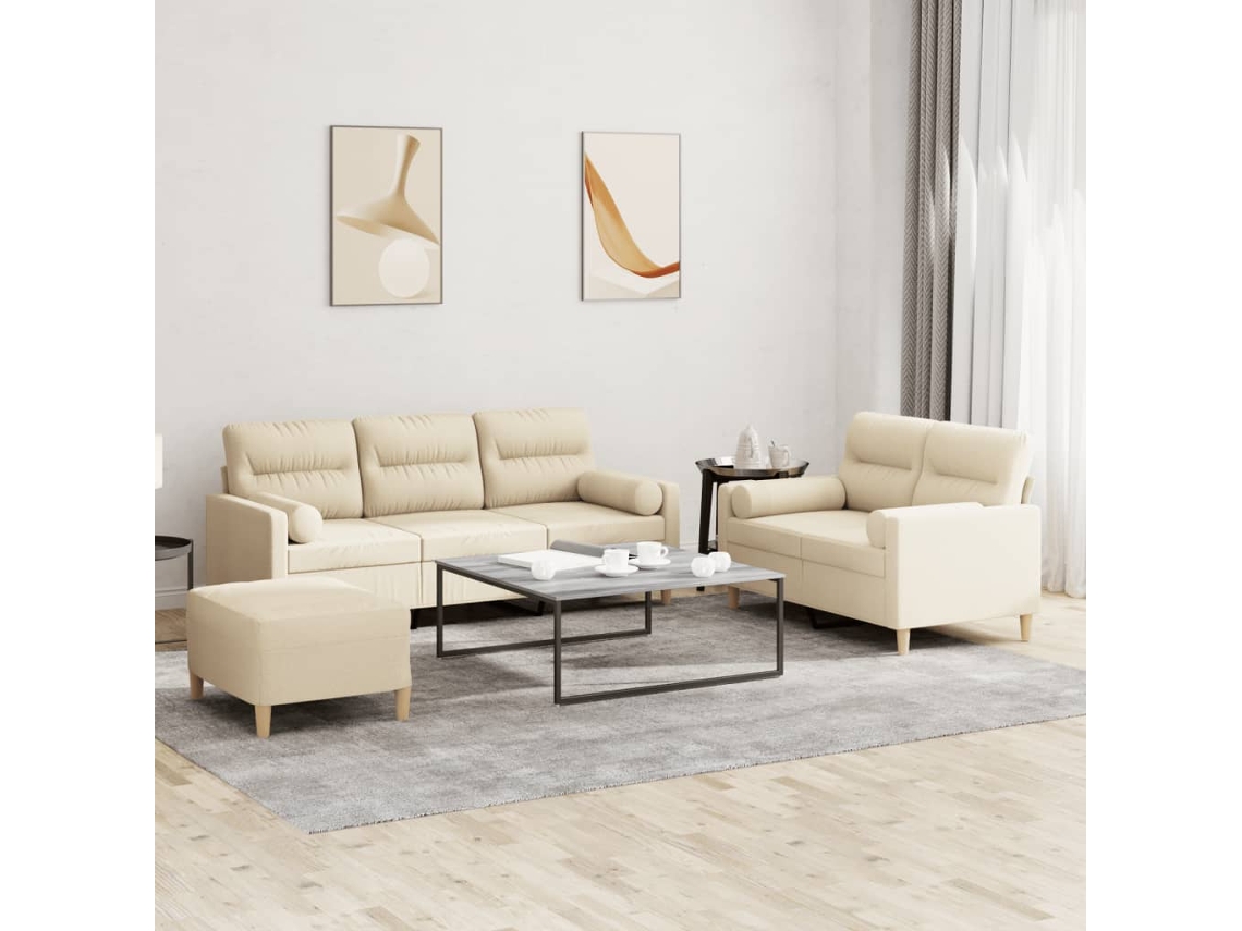 Vidaxl 3 Pcs Conjunto De Sofás Com Almofadas Tecido Cor Creme