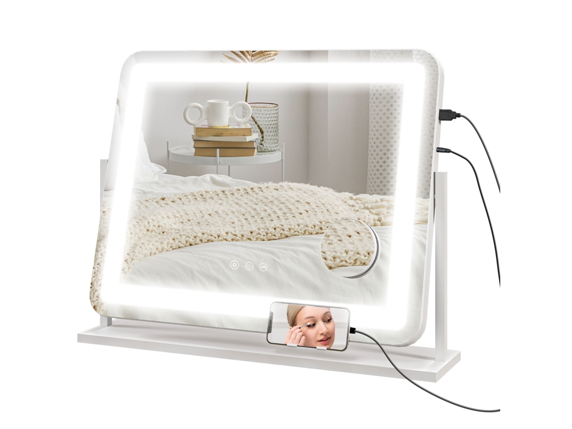 Espelho de Penteadeira Giratório 3 Modos de Iluminação Ajustáveis Interruptor Toque 58x46 Cm Branco S/MARCA