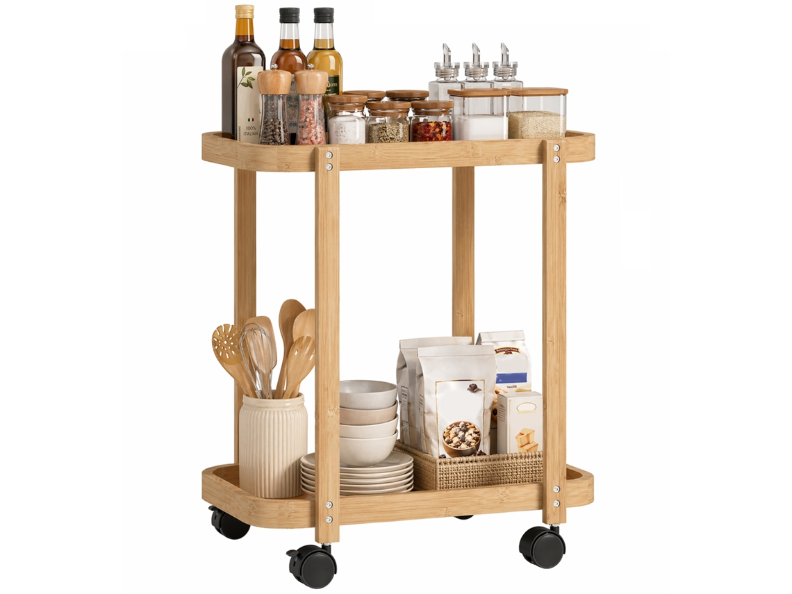 Carrinho de cozinha de bambu BTFORUS, 2 níveis, com 2 prateleiras e rodas, 54x36,5x60cm, natural