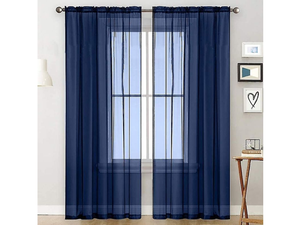 2026 cortinas de Voile com Volantes Lino Óptico Transparentes Poliéster 100x250 Cm Azul Oscuro