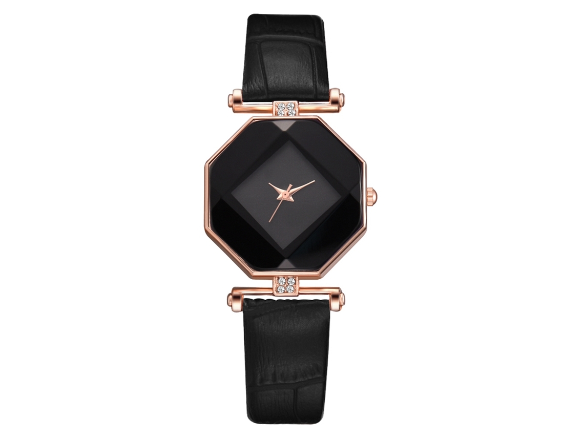 Relógio Feminino Pulseira de Couro Pu Mostrador Losango Strass Movimento de Quartzo Preto