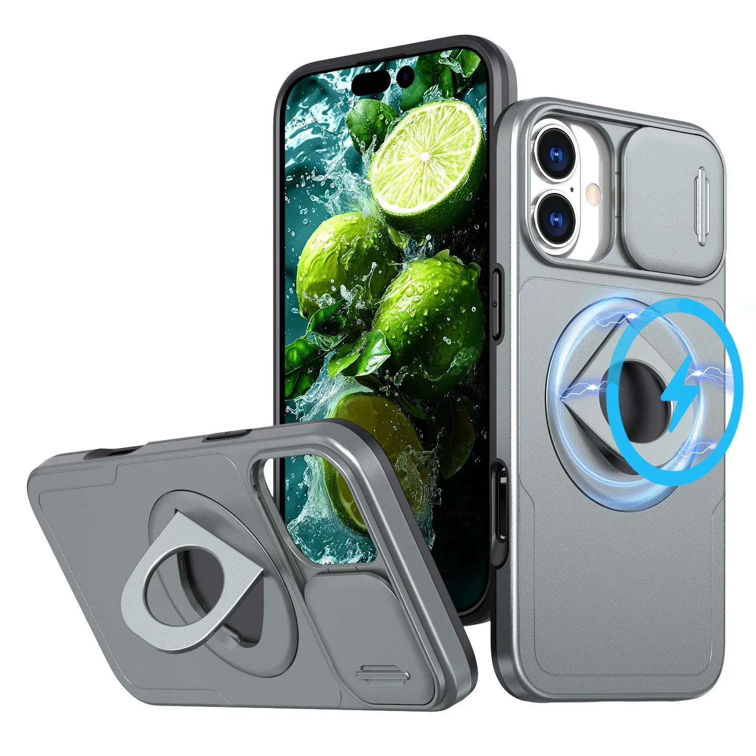 Capa Para Celular Resistente A Impactos (iphone 15 Pro Cinza) Com Anel Magnético.