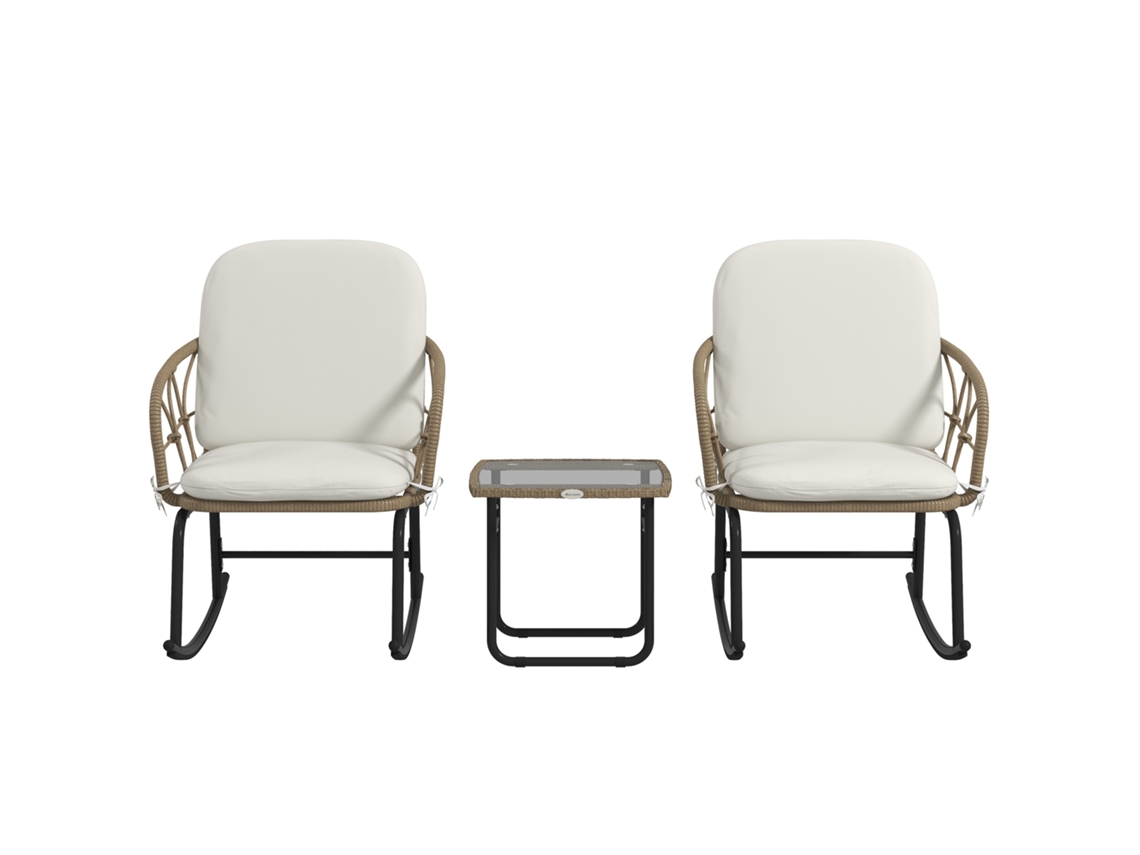 Conjunto 3 Peças Vime com mesa centro, 2 cadeiras balanço, almofadas creme e bege jardim | S/MARCA