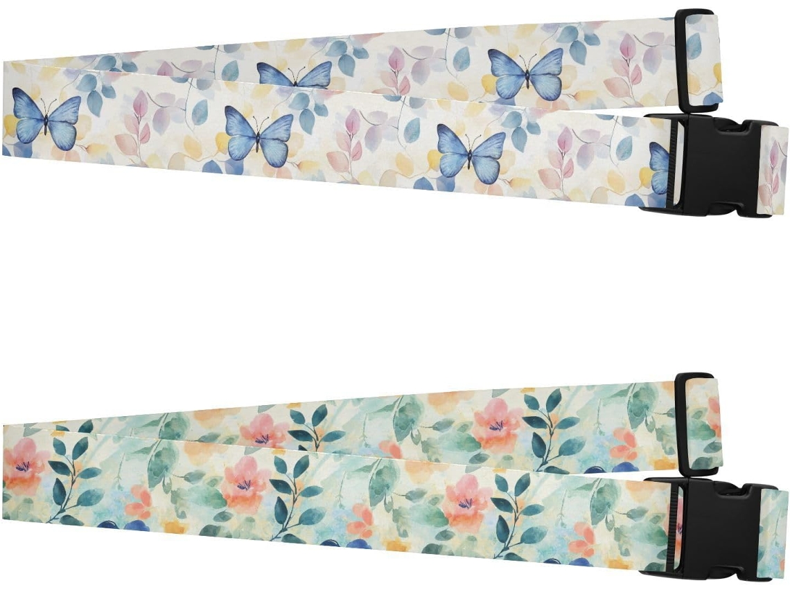 Conjunto De 2 Cintas Bagagem Em Aquarela Folhas E Borboletas Azuis Ajustáveis Acessórios Essenciais Viagem