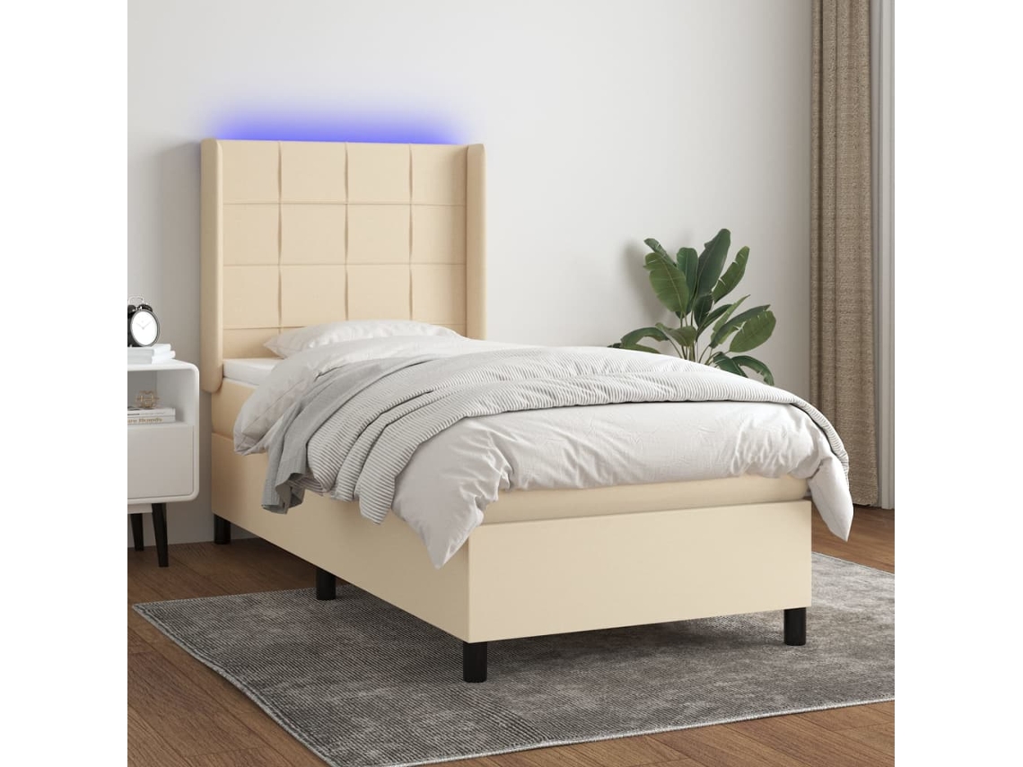 Vidaxl Cama Box Spring C/ Colchão E Led 90x200 Cm Tecido Cor Creme