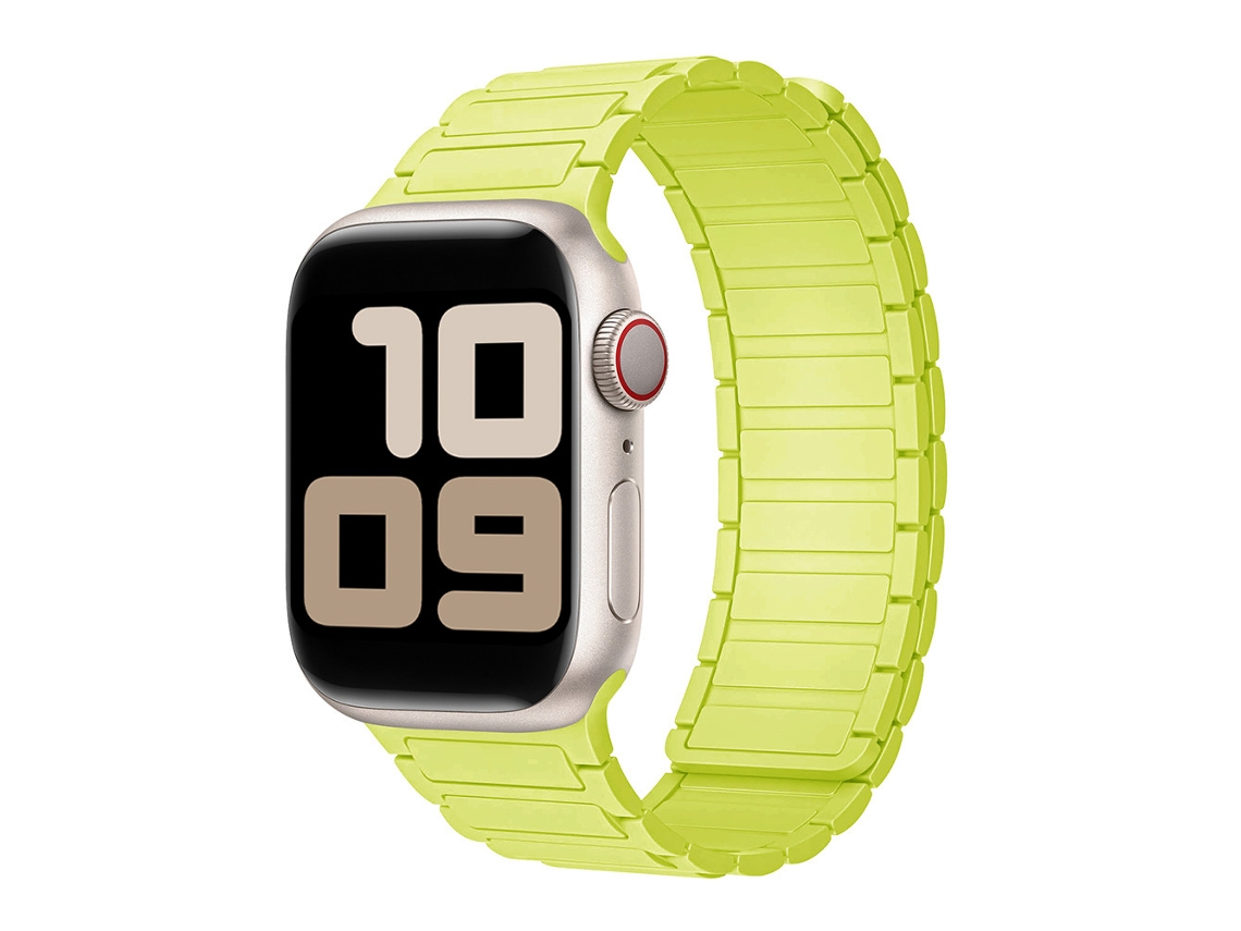 Pulseira esportiva magnética de silicone com três contas para Apple Watch S11, verde fluorescente, tamanhos 44, 45, 46 e 49 mm.