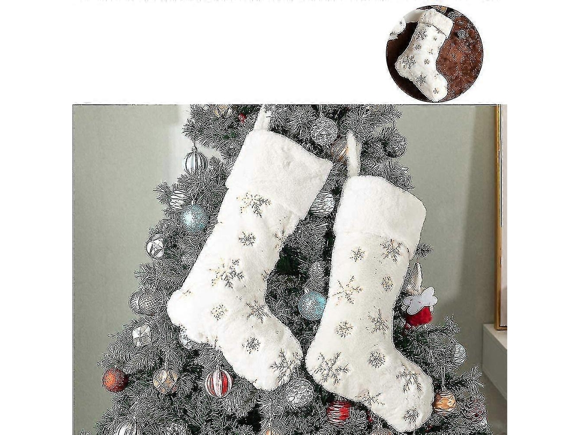 2 Meias De Natal Grandes Em Couro Sinttico Branco Com Flocos De Neve Dourados. Hengjian