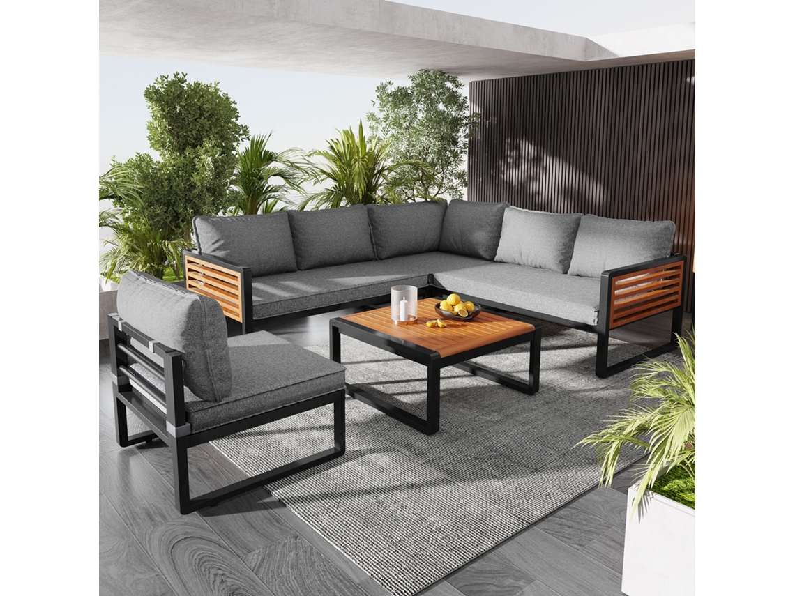 Conjunto Lounge Cinza 5-6p, Ferro, Braços de Madeira.-cy