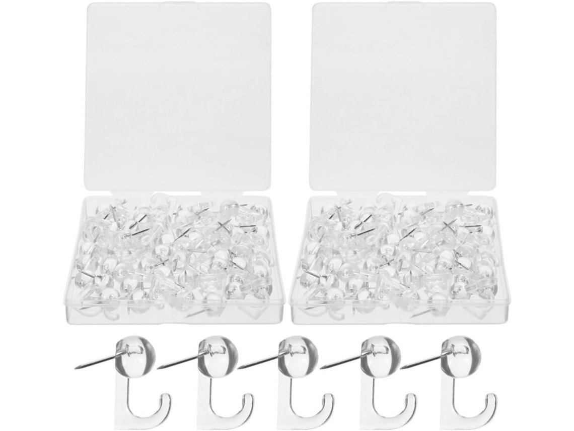 Ganchos Pendura, com função de fixação e decoração, em plástico e aço, pacote com 100 unidades, ideais para paredes.